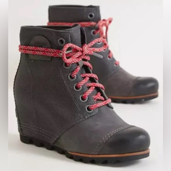 Sorel Brand PDX Lace Up Wedge Moto Ankle Boots Lexie Wedge Grey Quarry, 9.5 - Picture 3 of 13